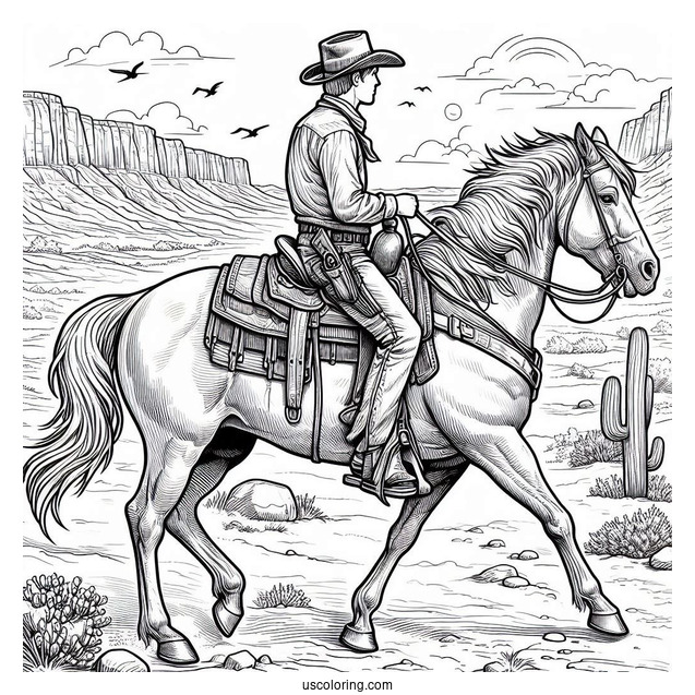 Detailed Cowboy Coloring Page And Horse In Desert