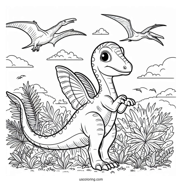 Parasaurolophus Coloring Page With Pterodactyl In The Background
