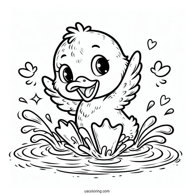 Playful Duck Splashing in Water Coloring Sheet For Preschoolers