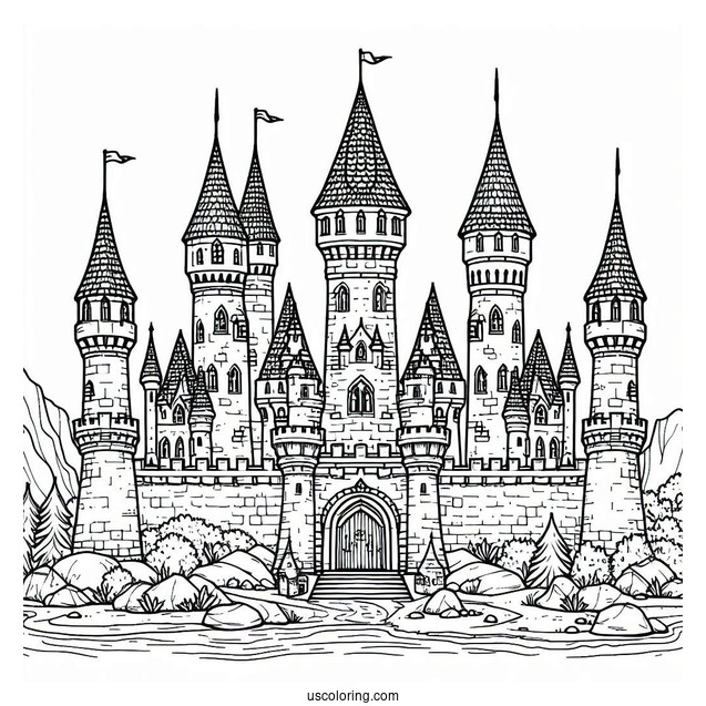 Detailed Castle Coloring Page With Towers