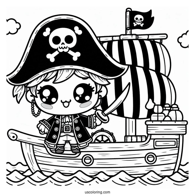 Kawaii Pirate On The Deck Of A Pirate Ship Coloring Page For Kids