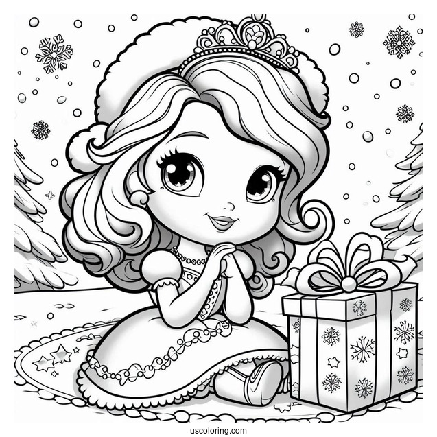 Sofia The First Coloring Page Of With Christmas Present In Snow