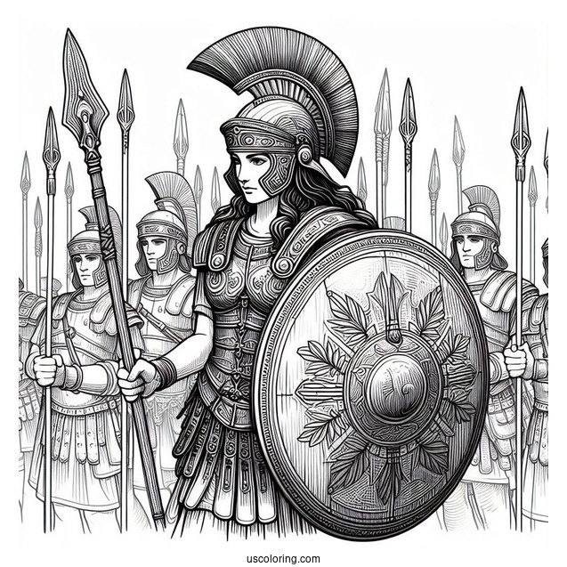 Realistic Roman Soldier Coloring Page With Shield And Spears