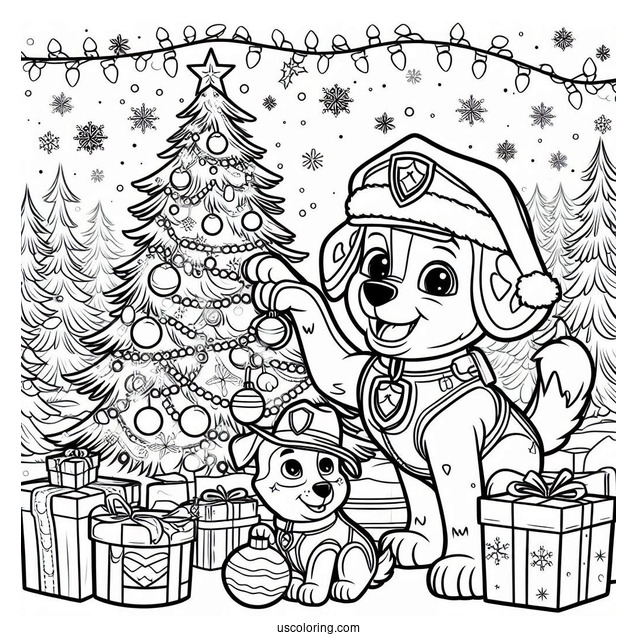 Paw Patrol Dog Around Christmas Tree To Color