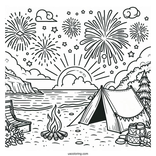 Summer Coloring Page Of Beach Camping With Fireworks In The Sky