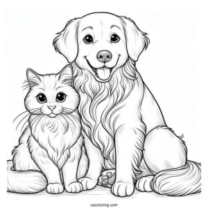 Golden Retriever And Cat Sitting Together Coloring Page