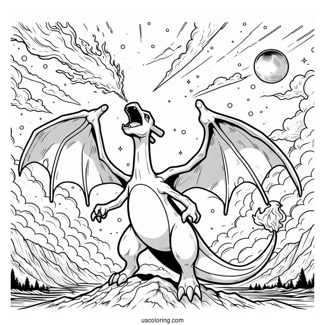 Coloring Page Of Charizard Breathing Fire In The Sky