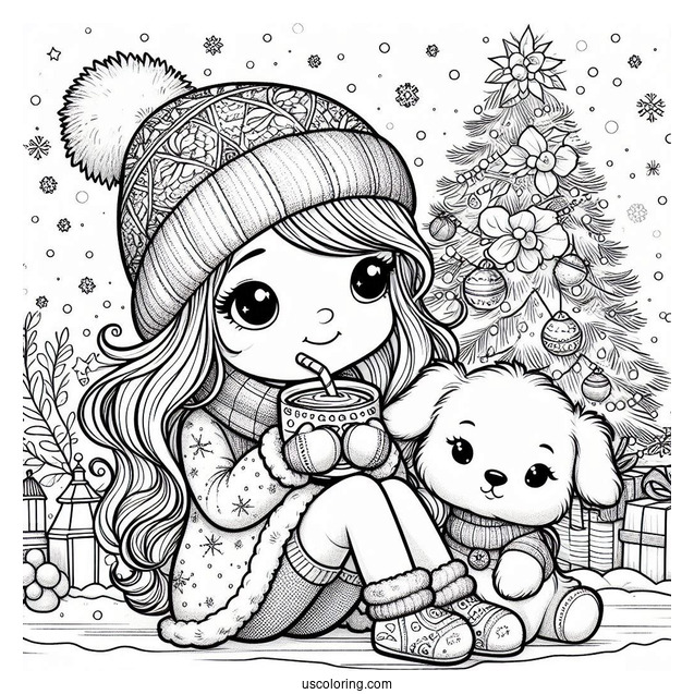 Christmas Coloring Pages For Adults Of Little Girl Drinking Hot Chocolate Next To The Christmas Tree With Her Dog