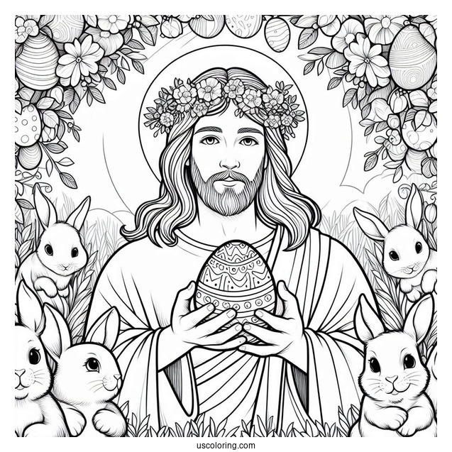 Jesus Holding An Easter Coloring Page Of Egg While Surrounded By Bunnies