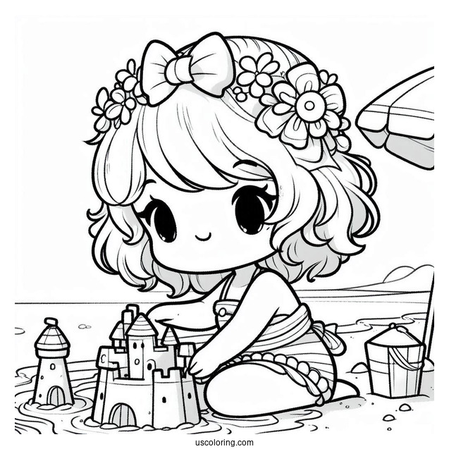 Playful Chibi Coloring Page Kid Building a Sandcastle on the Beach