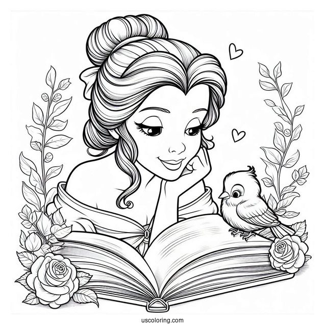 Coloring Sheet Of Belle Reading a Book With Bird