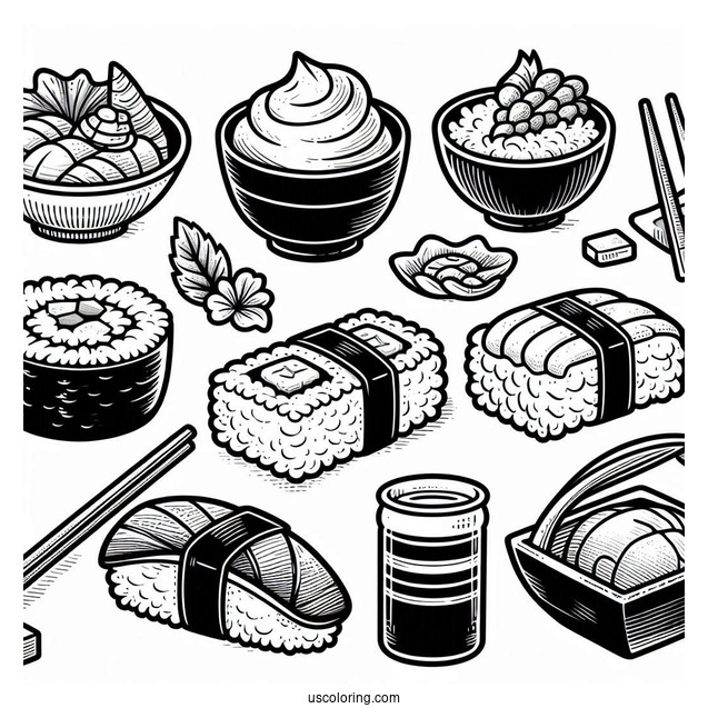 Full Page Temari, Nigiri, Maki, Gunkan Maki, And Inari Sushi Coloring Pages