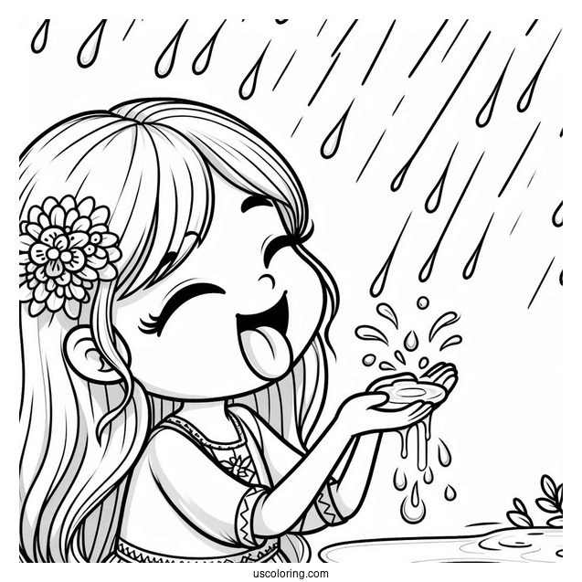 Little Girl Sticking Tongue Out To Catch Rain Coloring Page