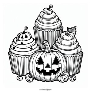 Coloring Page Of Halloween Cupcake With Jack O Lantern