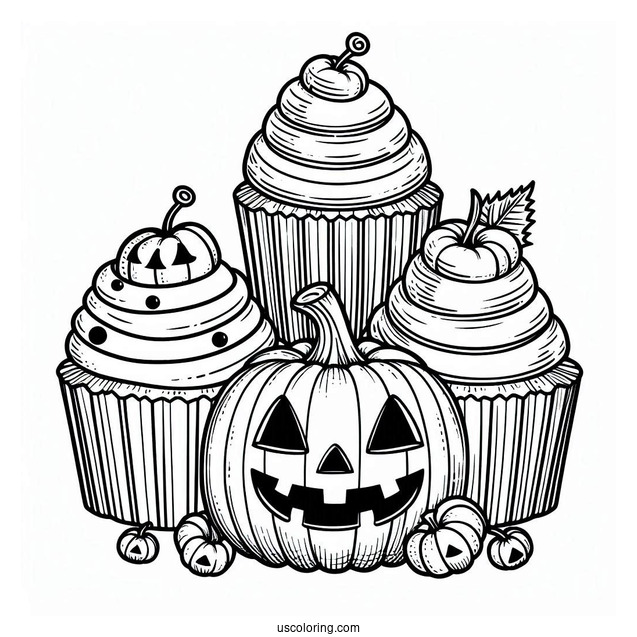 Coloring Page Of Halloween Cupcake With Jack O Lantern
