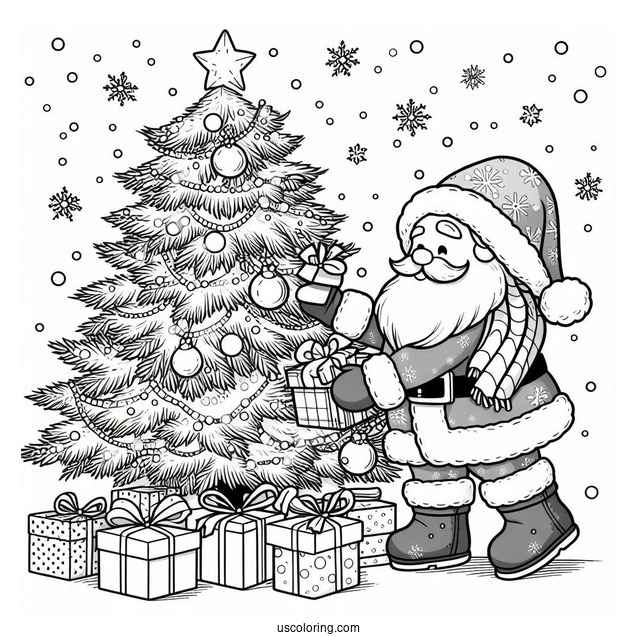 Santa Putting Gifts Under The Tree While Snowing