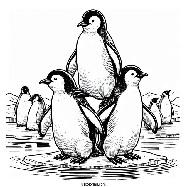 3 Emperor Penguins On Ice Coloring Page