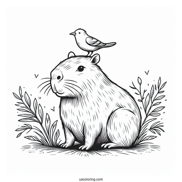 Capybara Coloring Page With Bird On Its Head