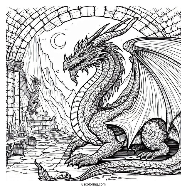 Ferocious Looking Dragon In Dungeon To Color
