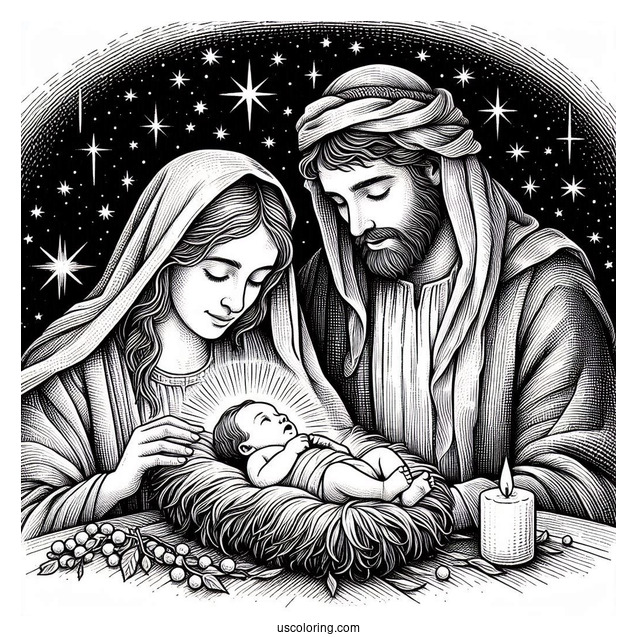 Nativity Coloring Page Of Realistic Mary, Joseph, And Baby Jesus With Starry Background