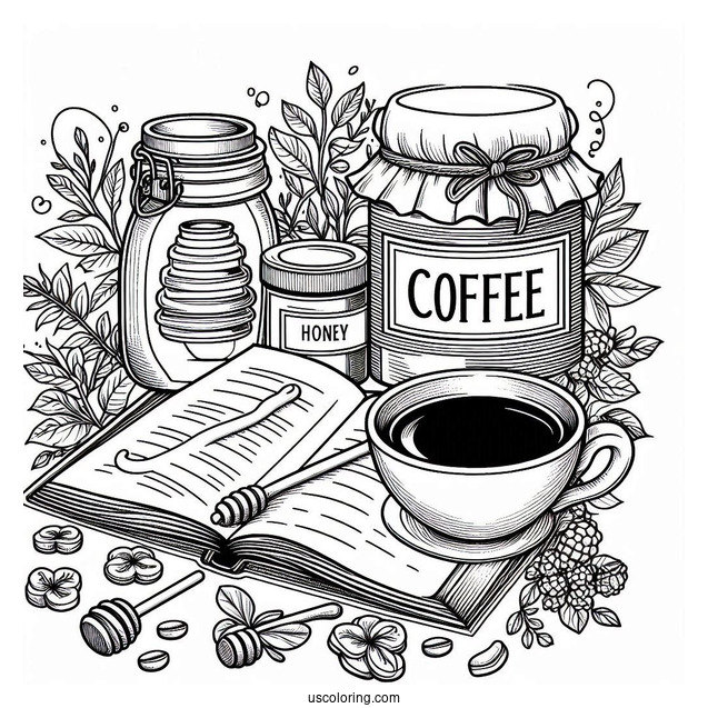 Coffee Coloring Pages Of Cup Next To Honey Jar, Signage, And Open Book