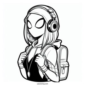 Spider-Gwen Coloring Page Wearing Headphones And Backpack