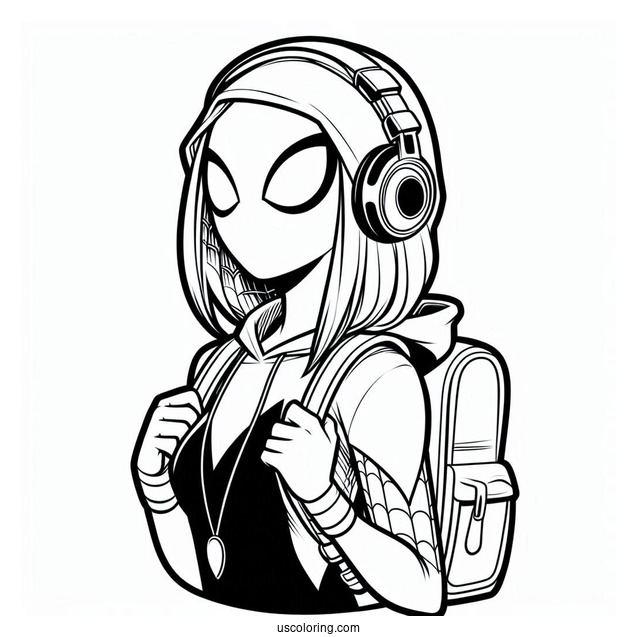 Spider-Gwen Coloring Page Wearing Headphones And Backpack