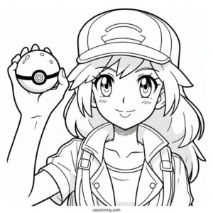 Pokemon Trainer Ash Holding Up A Pokéball Coloring Page
