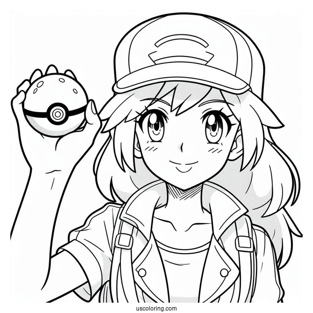 Pokemon Trainer Ash Holding Up A Pokéball Coloring Page