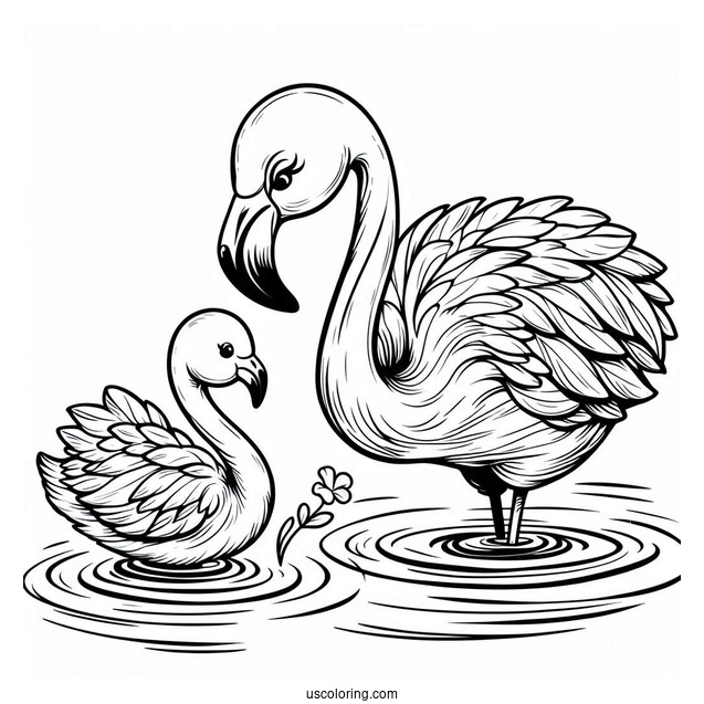 Mother And Baby Flamingo In Water To Color