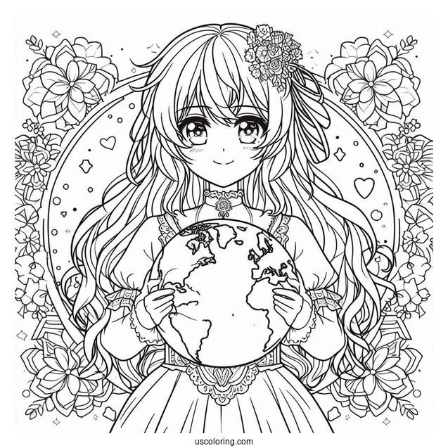 Beautiful Anime Girl Holding The Earth Coloring Page