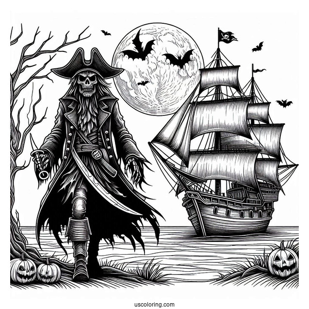 Scary Pirate In Front Of A Sailing Pirate Ship Coloring Page