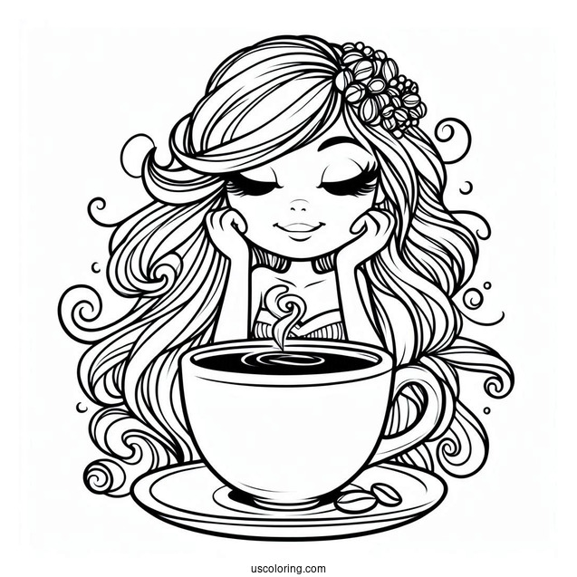 Coffee Coloring Pages Of Cartoon Woman On The Rim Of Coffee Cup