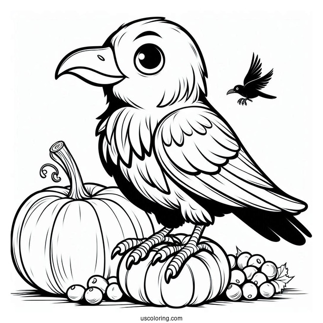 Cartoon Raven Coloring Page Standing On Pumpkin For Kids