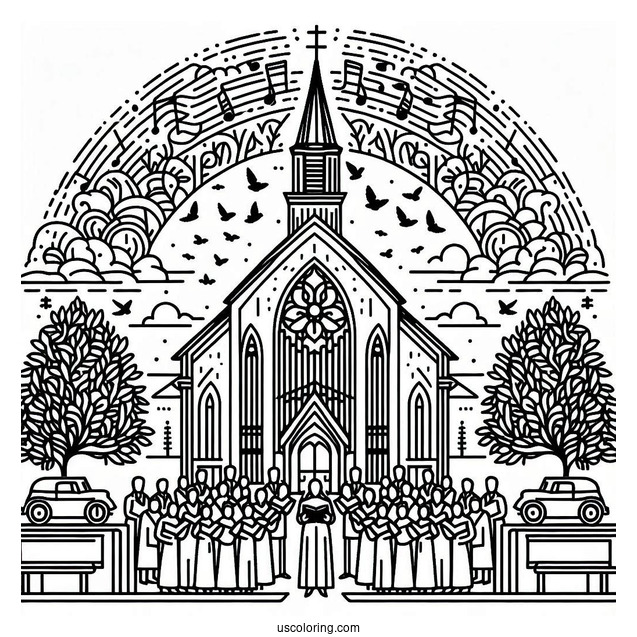 Easy Outline Of Church Coloring Page With Choir For Kids