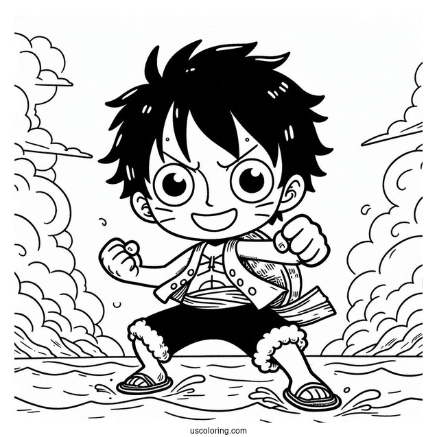 Kawaii Luffy Coloring Page In Fighting Pose On The Sea For Kids