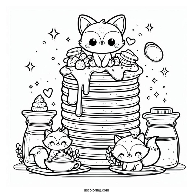 Easy Pancake Coloring Page Tower With Syrup And Tiny Foxes For Preschoolers