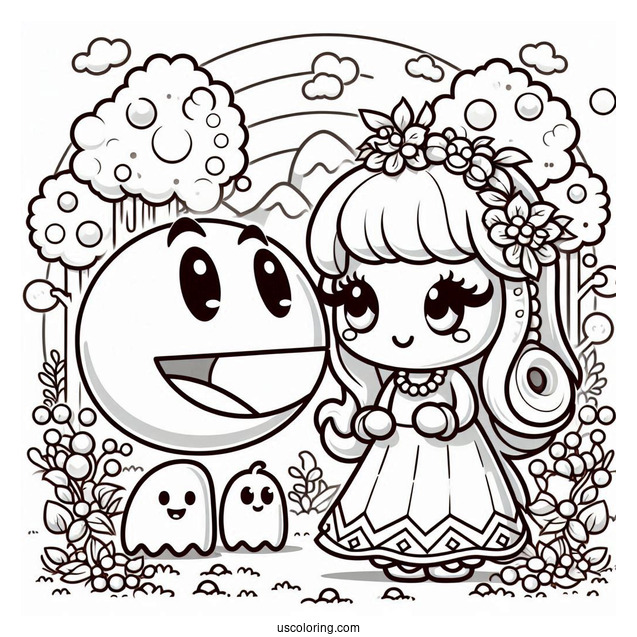 Pac Man With Mrs. Pac-Man Coloring Page And Baby In The Garden