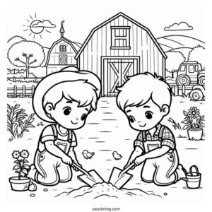 Two Children Working On Farm To Color