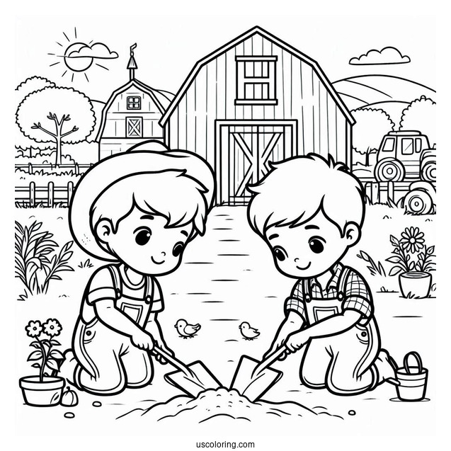 Two Children Working On Farm To Color