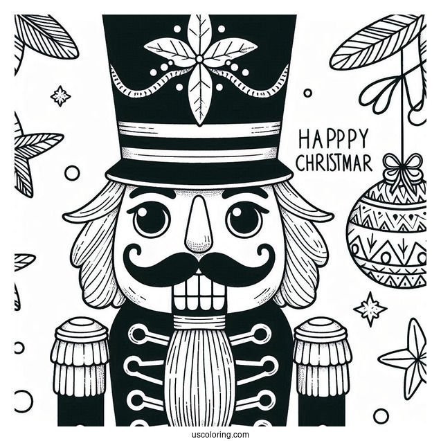 Close Up Of A Nutcracker Coloring Page With A Christmas Greeting For Kids