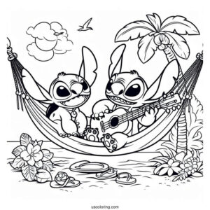 Lilo And Stitch Playing Guitar On a Hammock Coloring Page