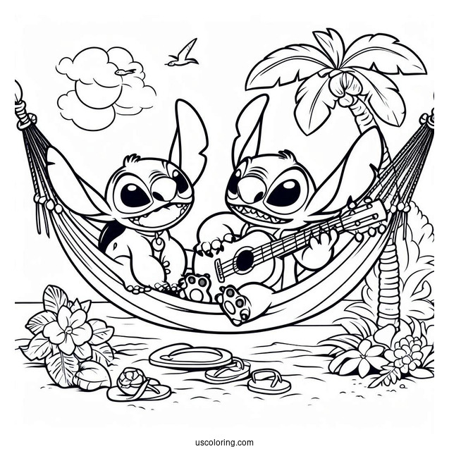 Lilo And Stitch Playing Guitar On a Hammock Coloring Page