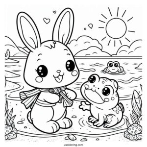 Adorable Rabbit And Frog Swimming At The Beach Coloring Sheet