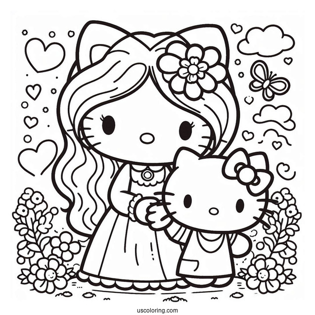 My Melody Coloring Page Holding Hands With Hello Kitty