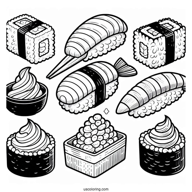 Full Page Temari, Nigiri, Maki, Gunkan Maki, And Inari Sushi Coloring Pages