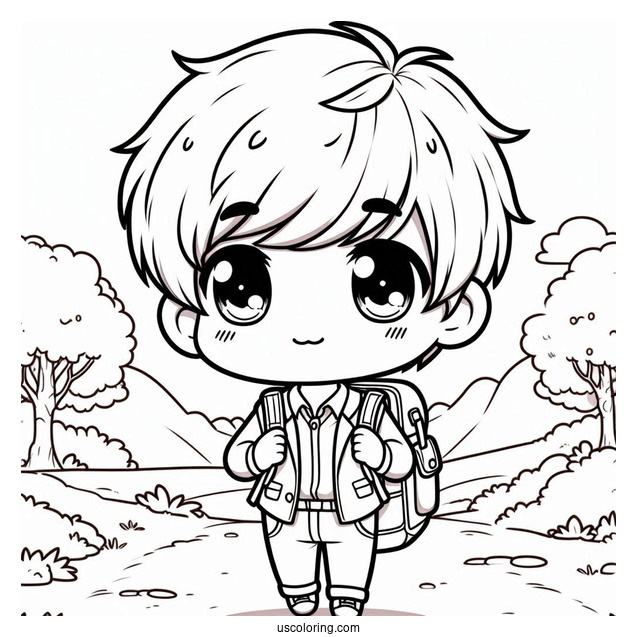 Chibi Coloring Page Schoolboy with Backpack Walking Outdoors