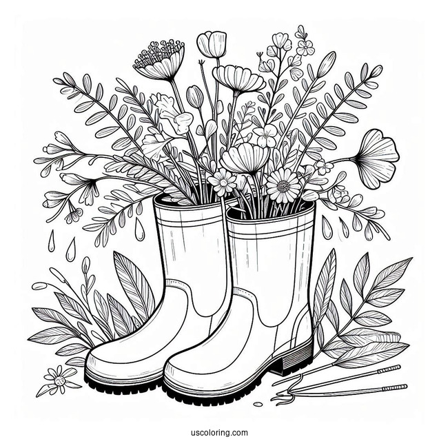 Rainboots Filled With Spring Coloring Page Wildflowers
