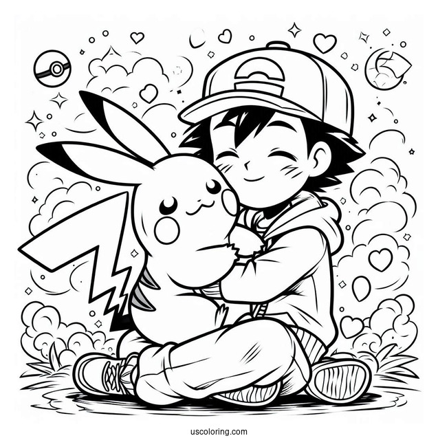 Coloring Page Of Ash Embracing Pikachu