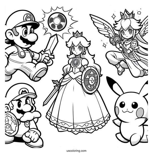 Mario, Zelda, Princess Peach, And Pokemon Super Smash Bros Coloring Page